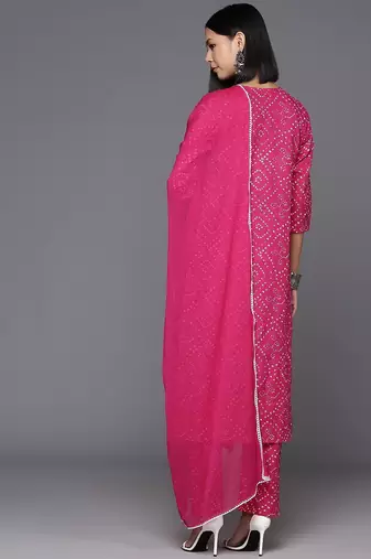 Women Floral Yoke Design Regular Thread Work Cotton Kurta with Trousers & Dupatta