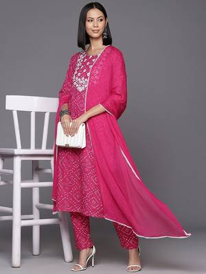 Women Floral Yoke Design Regular Thread Work Cotton Kurta with Trousers & Dupatta 7
