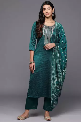 Ethnic Motifs Embroidered Straight Kurta with Trousers & With Dupatta