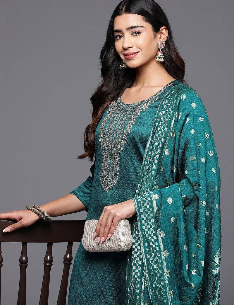 Ethnic Motifs Embroidered Straight Kurta with Trousers & With Dupatta