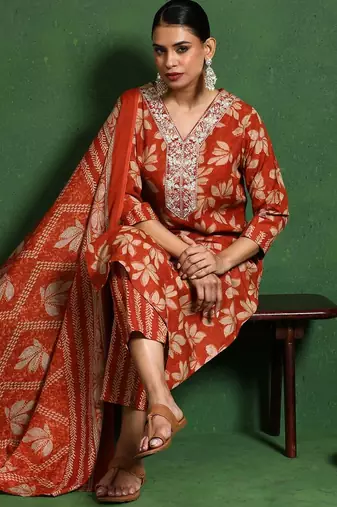 Floral Printed V-Neck Straight Kurta With Trousers And Dupatta