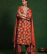 Floral Printed V-Neck Straight Kurta With Trousers And Dupatta