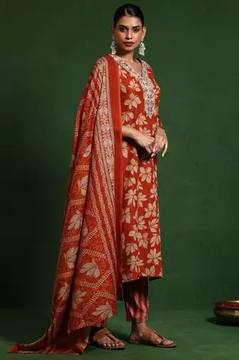 Floral Printed V-Neck Straight Kurta With Trousers And Dupatta