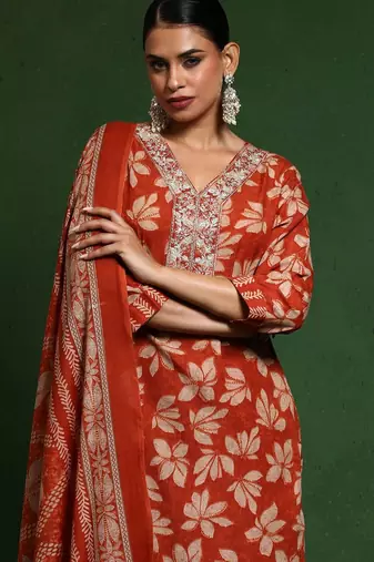 Floral Printed V-Neck Straight Kurta With Trousers And Dupatta
