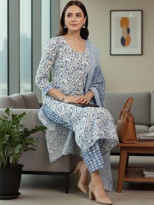 Women Floral Printed Regular Pure Cotton Kurta with Trousers & With Dupatta 1
