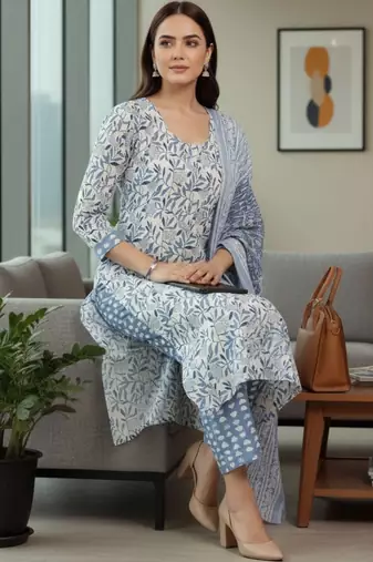 Women Floral Printed Regular Pure Cotton Kurta with Trousers & With Dupatta