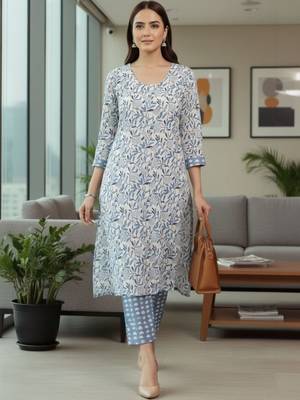 Women Floral Printed Regular Pure Cotton Kurta with Trousers & With Dupatta 3