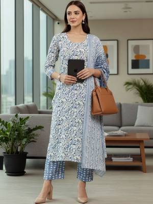 Women Floral Printed Regular Pure Cotton Kurta with Trousers & With Dupatta 7