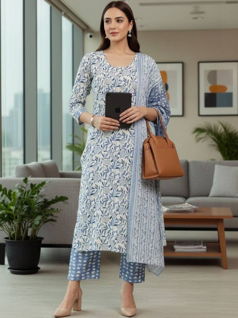 Women Floral Printed Regular Pure Cotton Kurta with Trousers & With Dupatta