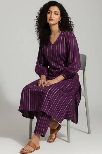 Women Striped Regular Silk Crepe Kurta with Trousers