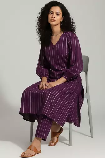 Women Striped Regular Silk Crepe Kurta with Trousers