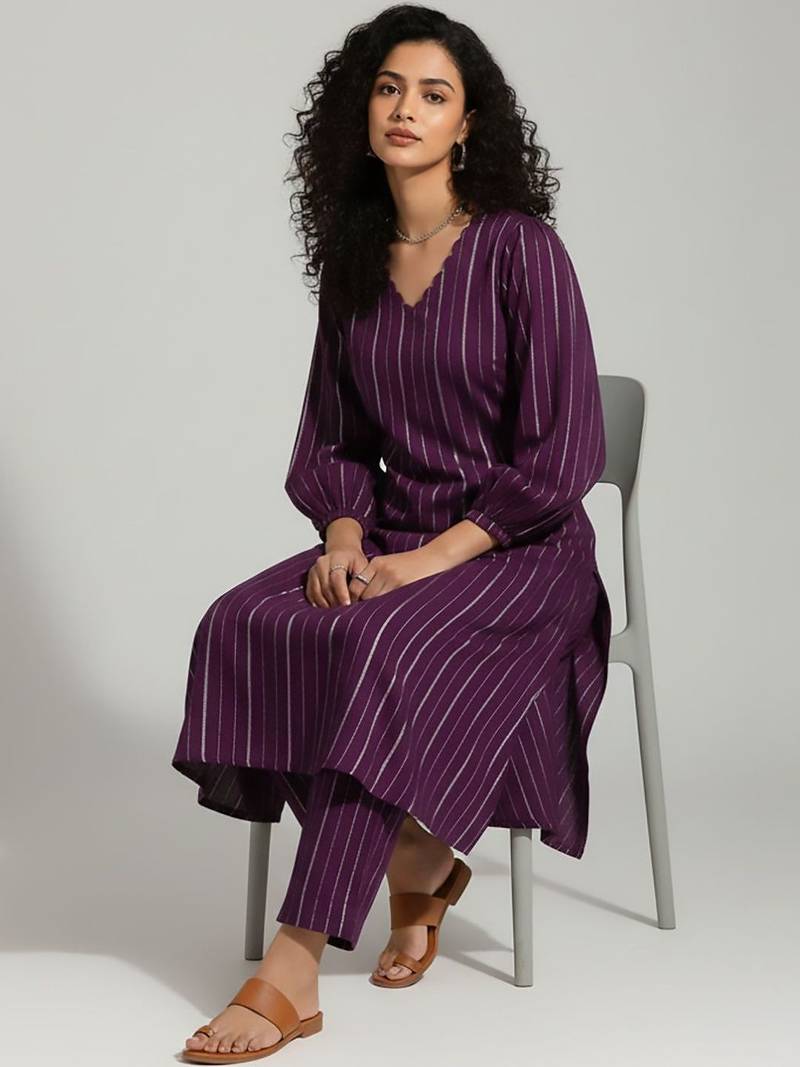 Women Striped Regular Silk Crepe Kurta with Trousers