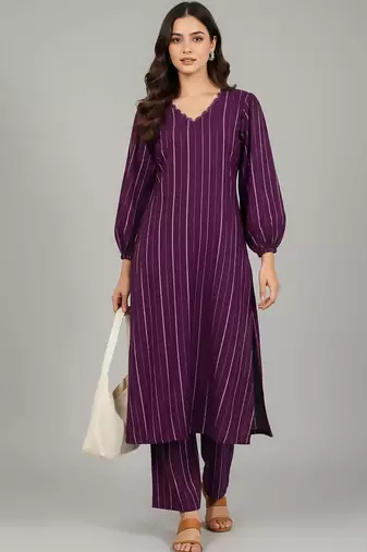 Women Striped Regular Silk Crepe Kurta with Trousers