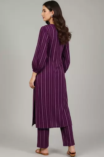 Women Striped Regular Silk Crepe Kurta with Trousers