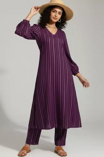 Women Striped Regular Silk Crepe Kurta with Trousers