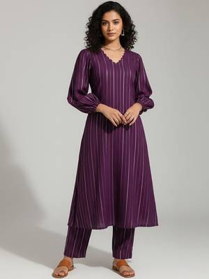 Women Striped Regular Silk Crepe Kurta with Trousers 5