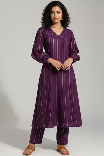 Women Striped Regular Silk Crepe Kurta with Trousers