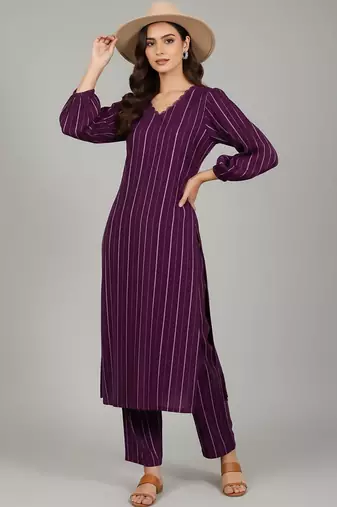 Women Striped Regular Silk Crepe Kurta with Trousers