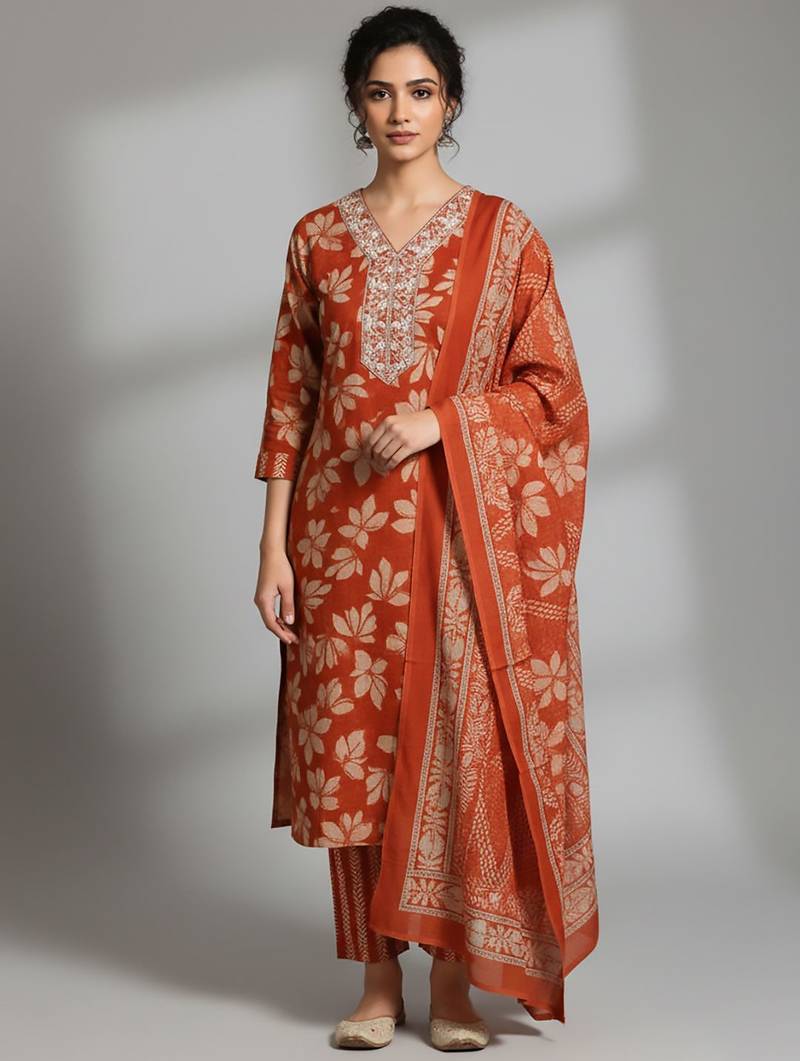 Women Ethnic Motifs Printed Regular Thread Work Kurta with Trousers & With Dupatta
