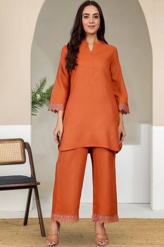 Mandarin Collar Pure Cotton Straight Kurta With Trousers