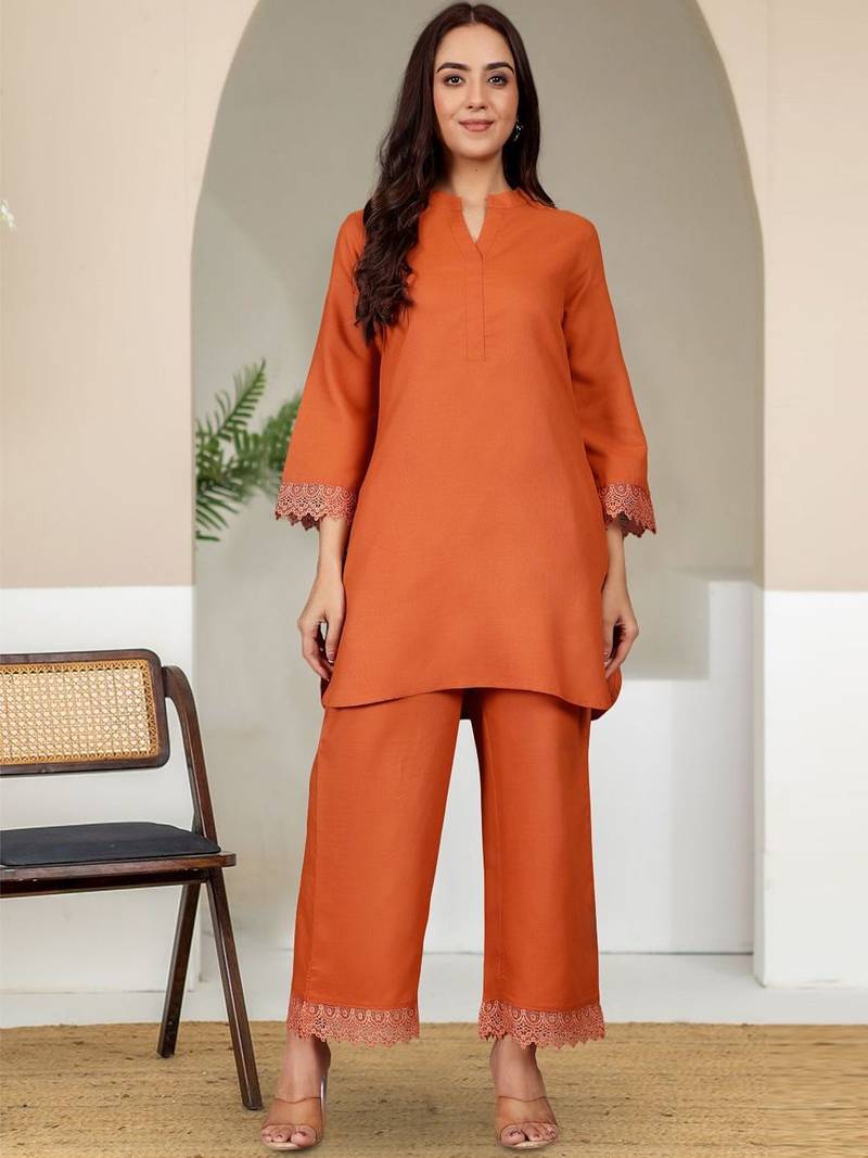 Mandarin Collar Pure Cotton Straight Kurta With Trousers