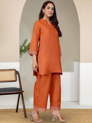 Mandarin Collar Pure Cotton Straight Kurta With Trousers 4