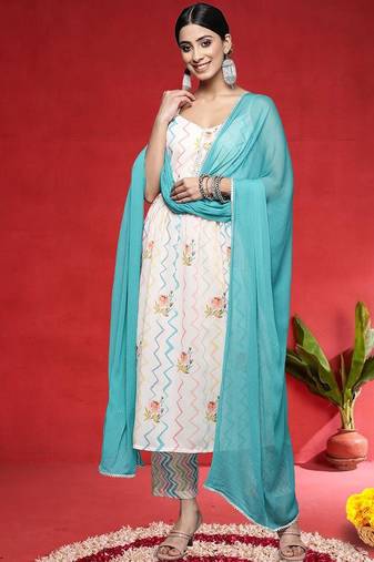 Floral Printed A-Line Gotta Patti Work Kurta With Trousers & Dupatta