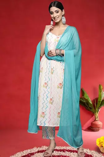 Floral Printed A-Line Gotta Patti Work Kurta With Trousers & Dupatta