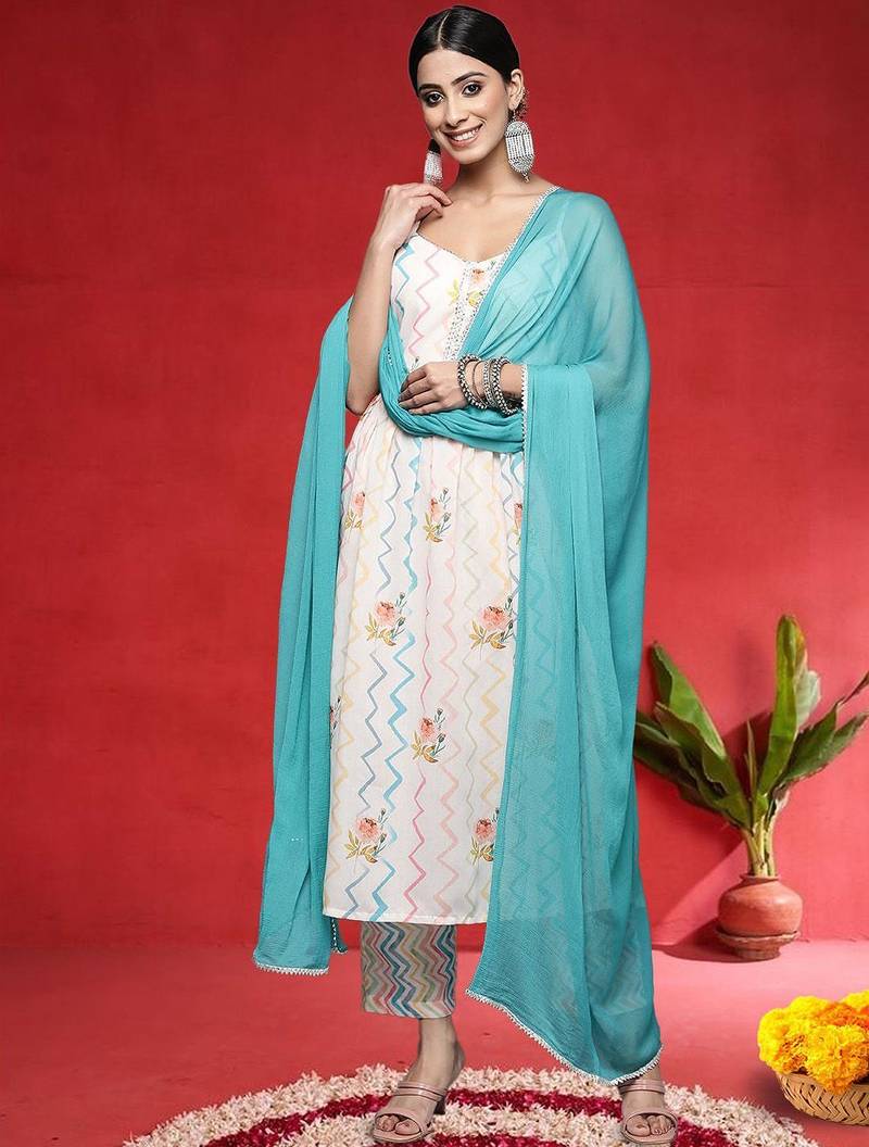 Floral Printed A-Line Gotta Patti Work Kurta With Trousers & Dupatta