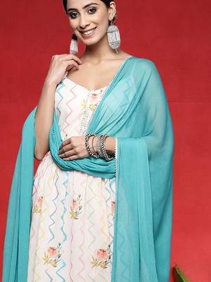 Floral Printed A-Line Gotta Patti Work Kurta With Trousers & Dupatta 2