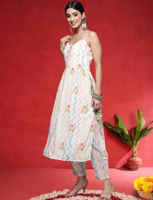 Floral Printed A-Line Gotta Patti Work Kurta With Trousers & Dupatta 6