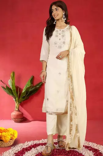Women Embroidered Regular Kurta with Trousers & Dupatta