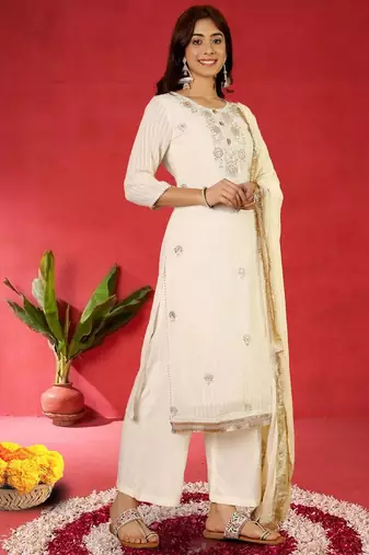 Women Embroidered Regular Kurta with Trousers & Dupatta
