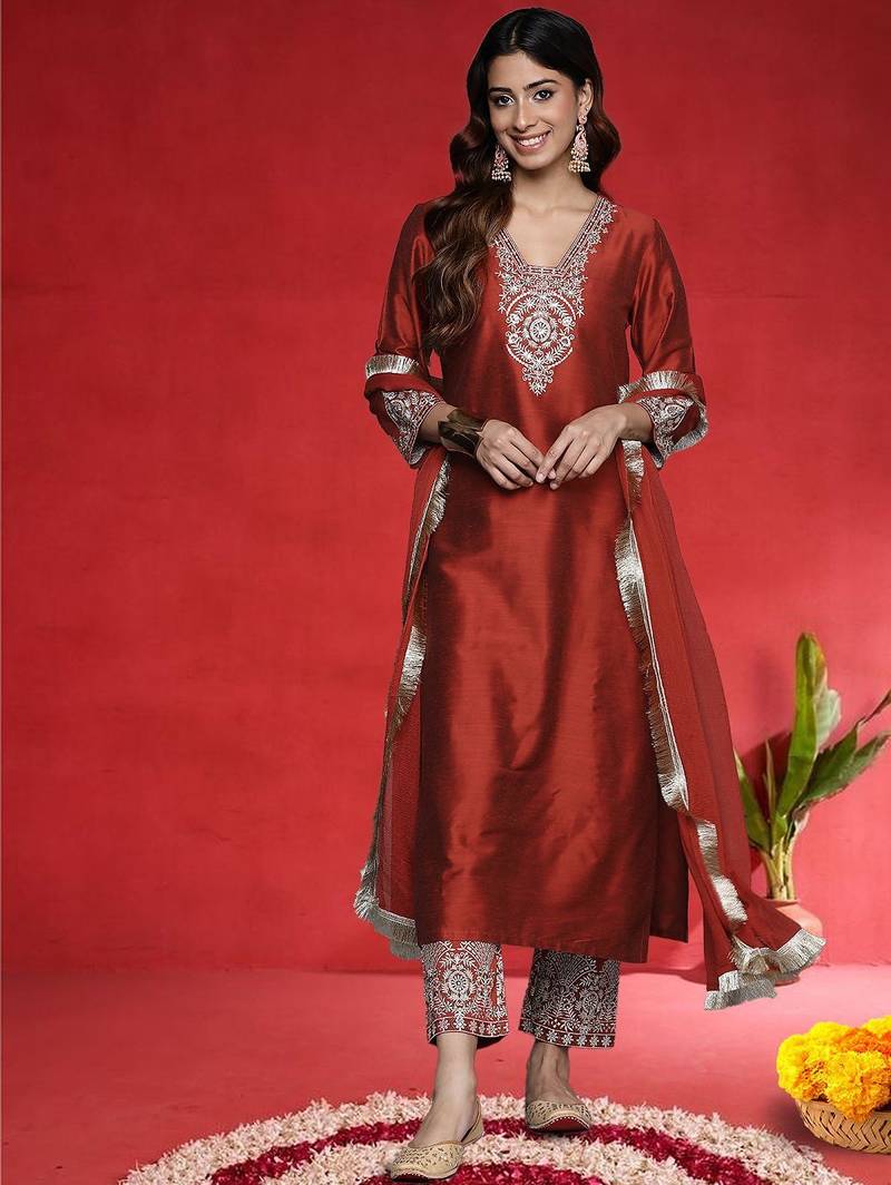 Women Ethnic Motifs Embroidered V-Neck Sequinned Kurta with Trousers & Dupatta