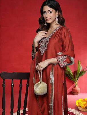 Women Ethnic Motifs Embroidered V-Neck Sequinned Kurta with Trousers & Dupatta 2