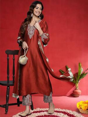 Women Ethnic Motifs Embroidered V-Neck Sequinned Kurta with Trousers & Dupatta 6