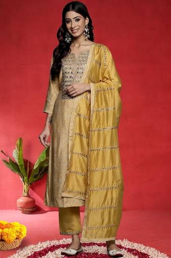 Ethnic Motifs Embroidered Gotta Patti Straight Kurta With Trousers & Dupatta