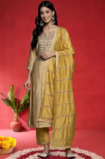 Ethnic Motifs Embroidered Gotta Patti Straight Kurta With Trousers & Dupatta