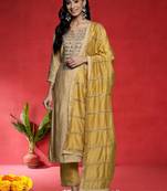 Ethnic Motifs Embroidered Gotta Patti Straight Kurta With Trousers & Dupatta