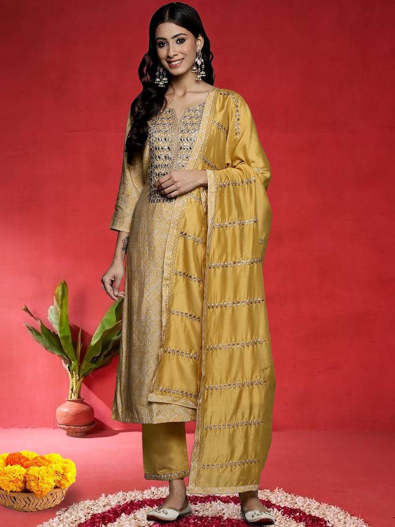Ethnic Motifs Embroidered Gotta Patti Straight Kurta With Trousers & Dupatta