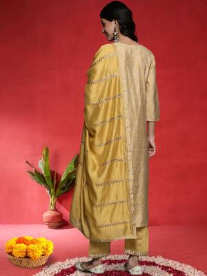 Ethnic Motifs Embroidered Gotta Patti Straight Kurta With Trousers & Dupatta 5