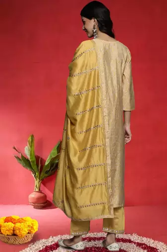 Ethnic Motifs Embroidered Gotta Patti Straight Kurta With Trousers & Dupatta
