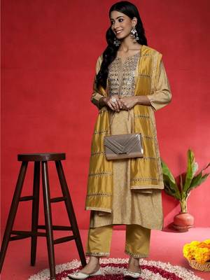 Ethnic Motifs Embroidered Gotta Patti Straight Kurta With Trousers & Dupatta 6