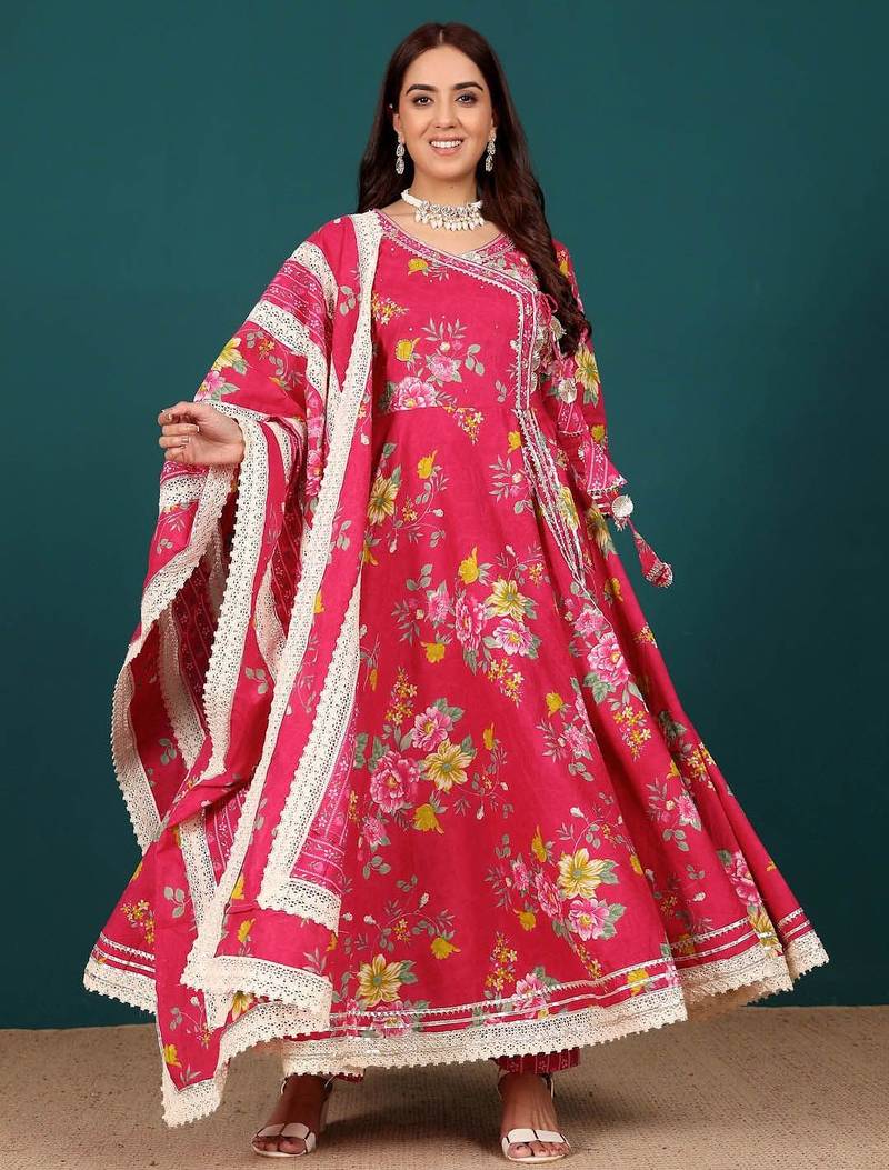 Women Ethnic Motifs Printed Regular Thread Work Pure Cotton Kurta with Trousers & With Dupatta