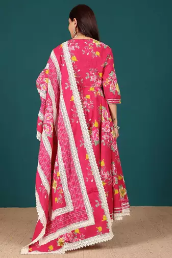 Women Ethnic Motifs Printed Regular Thread Work Pure Cotton Kurta with Trousers & With Dupatta