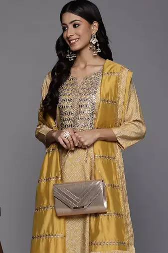 Women Embroidered Kurta with Gotta Patti, Zari & Mirror, Trousers and Dupatta