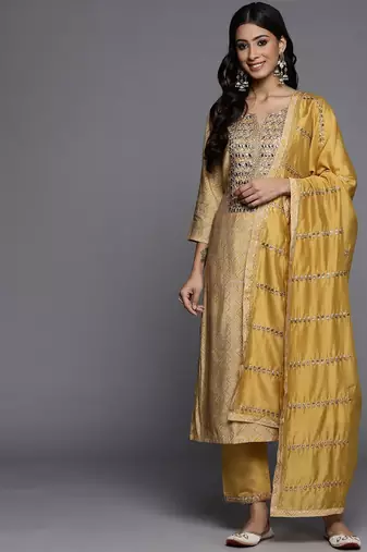Women Embroidered Kurta with Gotta Patti, Zari & Mirror, Trousers and Dupatta