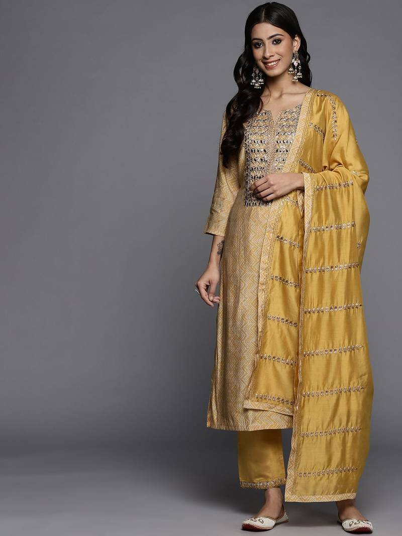 Women Embroidered Kurta with Gotta Patti, Zari & Mirror, Trousers and Dupatta