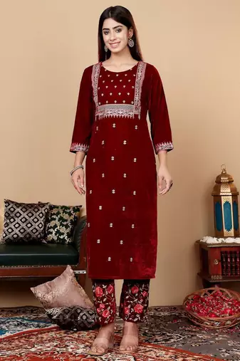 Floral Zari Yoke Regular Thread Work Kurta with Trousers & Dupatta