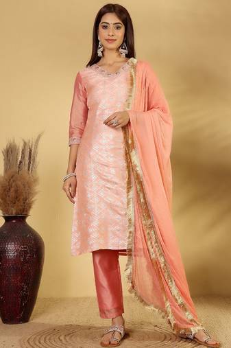 ethnic motifs woven design regular zari kurta with trousers & dupatta